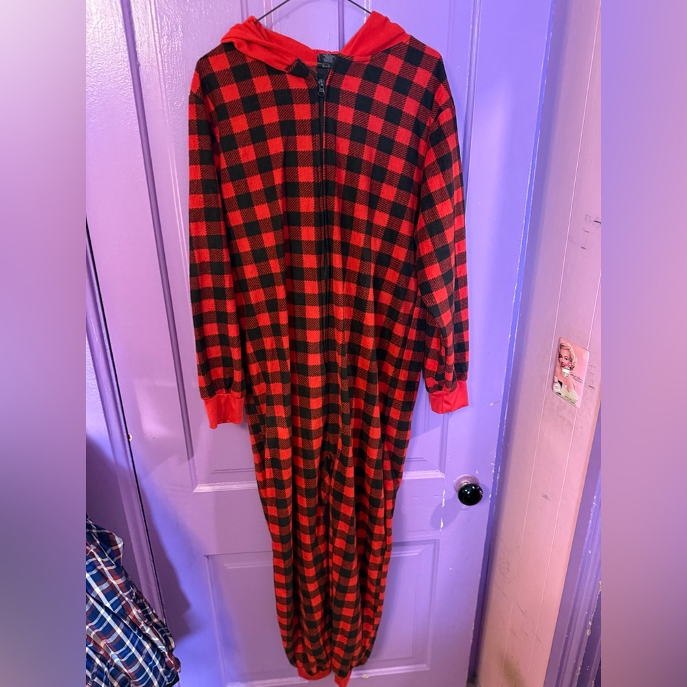 Women's Red and Black Plaid Pajama onsie